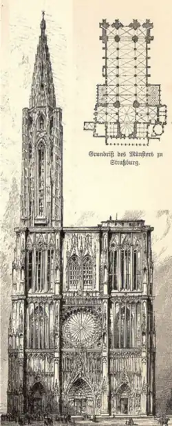 Verwirklichte Westfassade, nach mehreren aufeinander folgenden Plänen gebaut