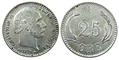 25 Øre 1874 Vor- und Rückseite