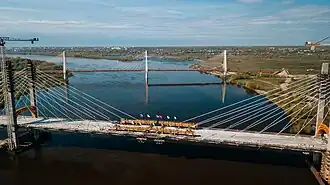 Brückenbau über dem Fluss Oka in der Nähe von Murom (2023)