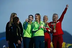 Siegerehrung 2016: ganz rechts mit Bronze Jena Hansen (2.&nbsp;v.&nbsp;4.) und Katja Salskov-Iversen (r.)