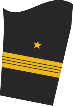 Dienstgradabzeichen eines Stabskapitänleutnants (Truppendienst oder militärfachlicher Dienst) auf dem Unterärmel der Jacke des Dienstanzuges für Marineuniformträger