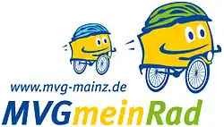 Zwei Trapezförmige gezeichnete Figuren auf Fahrrädern mit Helm. Sowie textlicher Hinweise auf die Webseite „mvg-mainz.de“ und der Schriftzug „MVGmeinRad“.