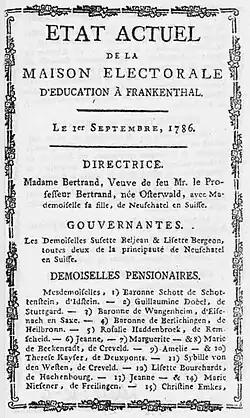Flugblattwerbung für das Maison Electoral d’Éducation (1786) mit einem Verzeichnis der Pensionärinnen und des Personals