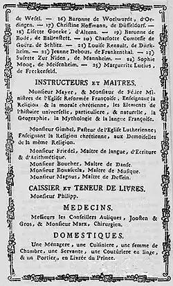Flugblattwerbung für das Maison Electoral d’Éducation (1786) mit einem Verzeichnis der Pensionärinnen und des Personals