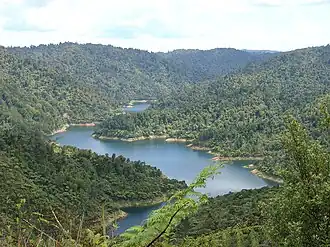 Das Mangatangi Reservoir in den Hanua Ranges