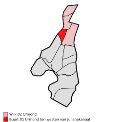 Lage von Alt-Urmond (westlich des Julianakanals) in der Gemeinde Stein