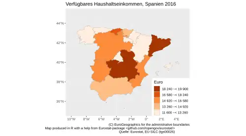 Die Karte zeigt die Verteilung der verfügbaren Haushaltseinkommen in Spanien im Jahr 2016. Zentralspanien und Katalonien zeigen dabei das höchste verfügbare Einkommen. Galicien, Aragonien und Madrid sind die einkommensschwächsten Regionen.
