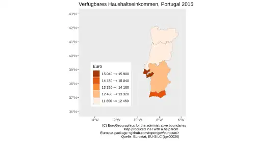 Verfügbares Haushaltseinkommen in Portugal nach NUTS2 Regionen im Jahr 2016. Die einkommensschwächsten Regionen befinden sich im Norden. Die reichsten Regionen befinden sich um Lissabon.