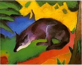 Franz Marc: Blauschwarzer Fuchs, 1911. Das Tier wird durch die Kontraste der annähernd reinbunten Umgebungsfarben eingefangen (charakterisiert).[1]