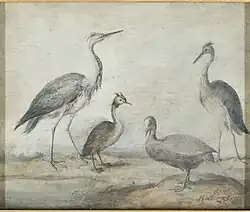 Blaureiher, Haubentaucher, Blässhuhn und junge Blaureiher, Öl auf Holztafel, 1654