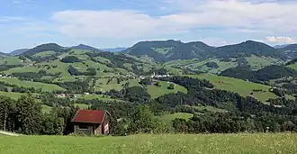 Nordwestansicht des Gemeindegebietes von Maria Neustift mit dem Ort Maria Neustift in der Bildmitte