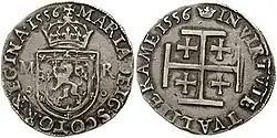 Testoon (Silber, 6,02 g) der Maria Stuart. Erste Periode, Type III, datiert 1556