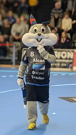 Das Maskottchen des TV Großwallstadt ist ein grauer Hase (Kostüm) im Trikot des Vereins.