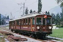 Triebwagen BCFeh 4/4 der Martigny-Châtelard-Bahn für 750 V Gleichspannung mit Tatzlager­antrieb statt hoch­gelagerten Motoren (1906)
