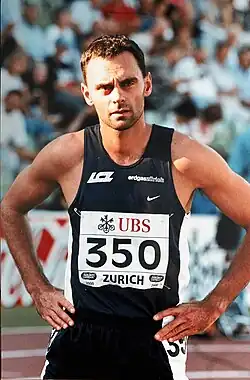 Mathias Rusterholz am Start über 400 m am Meeting «Weltklasse Zürich» im Jahr 2000