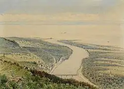 Gemälde von Max Bach (1841–1914): Blick auf Rhein­eck und die damalige Rhein­mündung in den Boden­see