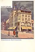 Postkarte, Karlstraße-Moningerecke in Karlsruhe, um 1900