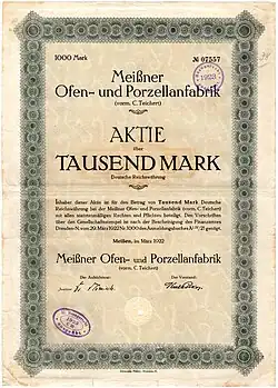 Aktie über 1000 Mark der Meißner Ofen- und Porzellanfabrik (vorm. C. Teichert) vom März 1922