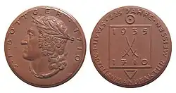 Medaille (1935) aus Böttgersteinzeug zur 225-Jahrfeier der Porzellanmanufaktur Meißen, Porträt von Johann Friedrich Böttger
