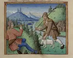 Ms 498 f3v. Dijon 1469. Abbildung zur 1. Ecloge der Hirtengedichte des Vergil