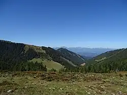 Blick von der Nordostflanke des Lärchkogels durch den Weitentalgraben nach Norden. Links Melkboden und Zechneralm, im Hintergrund die Eisenerzer Alpen.