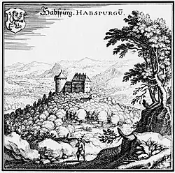 Ansicht der Habsburg in der Topographia Helvetiae, Rhaetiae et Valesiae von Matthäus Merian, 1642 und Anfang des 19. Jahrhunderts