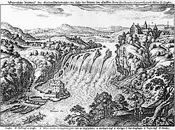 Rheinfall und Schloss Laufen um 1642, Topographia Helvetiae, Rhaetiae et Valesiae, Matthäus Merian der Ältere