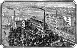 Fabrik und Warenhaus, links die Brücke über die Weiße Elster im Zuge der späteren Ernst-Mey-Straße (um 1883)