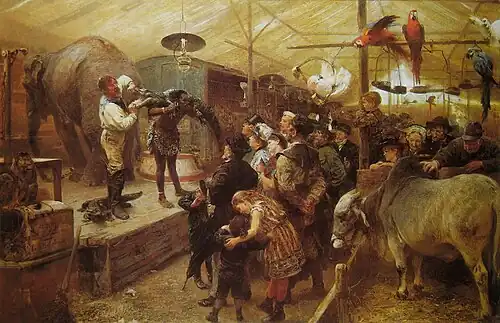 Wandermenagerie mit „Mohren“. Paul Friedrich Meyerheim: In der Tierbude, 1894; Gemäldegalerie, Dresden