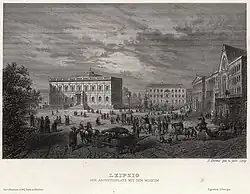 Neues Museum (Bildmitte), Erste Leipziger Bürgerschule (mittig im Hintergrund) und Augusteum mit Universitätskirche (rechts) (1860)