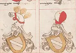 Wappen der Familie Meyer-Niessen mit verschiedener Helmzier aus der Zeit vor dem 15. Jh.[17]