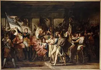 Die Soldaten des 76. Linienregiments, welche im Arsenal zu Innsbruck ihre Fahnen finden (Französisch: Les Soldats du 76 régiment de ligne, retrouvant leurs drapeaux dans l'arsenal d'Inspruck) (Charles Meynier)