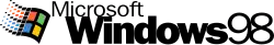 Schriftzug „Windows ®“ (Fettdruck) mit Zusatz „98“ (Normaldruck ohne Zeichenabstand), über den ersten Windows-Buchstaben der Schriftzug „Microsoft (R)“