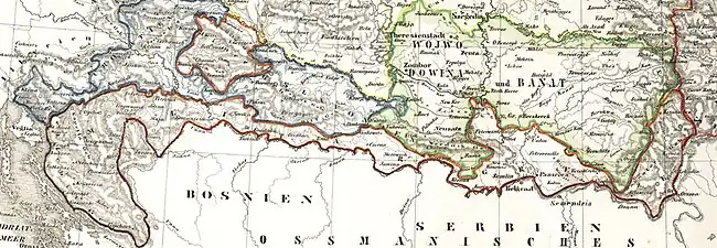 Karte mit dem westlichen Abschnitt der Militärgrenze im 19. Jahrhundert