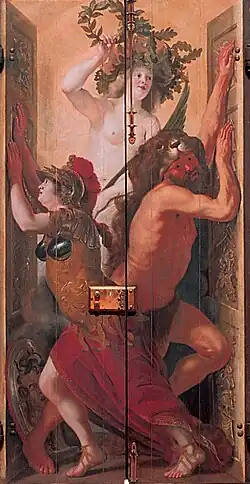 Reproduktion des Gemäldes 'Pallas Athene und Herkules öffnen die Türen für den Ruhm'