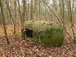 Umgestürzte Splitterschutzzelle beim früheren Zugang (52°&nbsp;24′&nbsp;15,9″&nbsp;N, 9°&nbsp;50′&nbsp;36,9″&nbsp;O52.404429.84359)