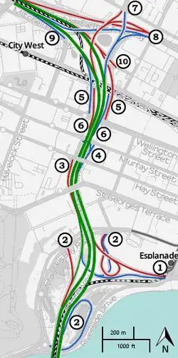 Karte der Anschlüsse des Mitchell Freeway im Stadtzentrum von Perth