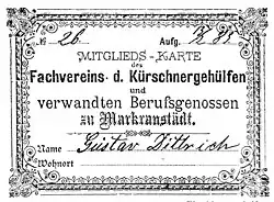 Mitgliedskarte der Kürschnergehülfen und verwandten Berufsgenossen zu Markranstädt, Gustav Dittrich (1883)