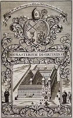 Kloster Disentis. vor 1702, Kupferstich aus der Festschrift “Idea Sacrae Congregationis Helveto-Benedictine 1702”. Links Sigisbert, rechts Placidus