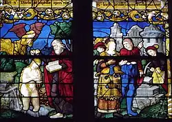 Barbara wird getauft (links); Barbara gibt den Auftrag, ein drittes Fenster in ihrem Gefängnisturm hinzuzufügen als Symbol der Dreifaltigkeit