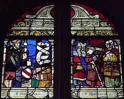 Der Stifter Jacques de la Motte und sein Namenspatron Jakobus der Ältere (links); Mathurin bekehrt seine Eltern (rechts)