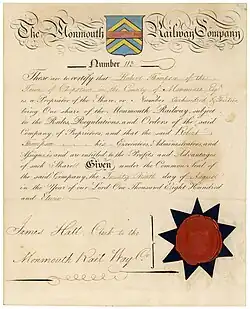 Gründeraktie der Monmouth Railway Company, ausgegeben am 29. August 1811. Die Bahnstrecke der Gesellschaft konnte von Spediteuren gegen eine Mautgebühr mit ihren Pferdefuhrwerken befahren werden.