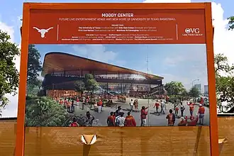 Bauschild an der Baustelle des Moody Center (Mai 2020)