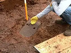 Freigelegtes Holzbrett, evtl. Teil eines eisenzeitlichen Wagens, 2019