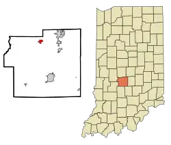 Lage von Monrovia im Morgan County (links) und in Indiana (rechts)