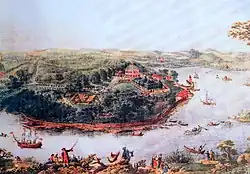 Fasanenschlösschen mit Fasanerie bei maritimen Spielen im Großteich, etwa 1790