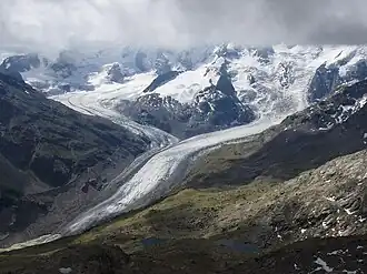 Ehemaliger Zusammenfluss von Persgletscher (links) und Morteratschgletscher im Jahr 2005