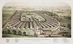 Das provisorische Mower General Hospital (1862) während des amerikanischen Bürgerkriegs, Lithografie von James Fuller Queen.