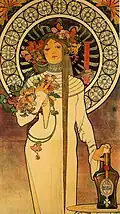 Jugendstil: Flächige geometrische und florale Muster. Alfons Mucha: La Trappistine, Detail, 1897.