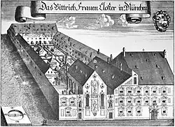 Das Püttrichkloster im Zustand um das Jahr 1700. Die hier vormals angelegte „kleine Gasse“ erfuhr hierdurch im selben Jahr eine Erweiterung und erhielt den Namen Perusastraße.